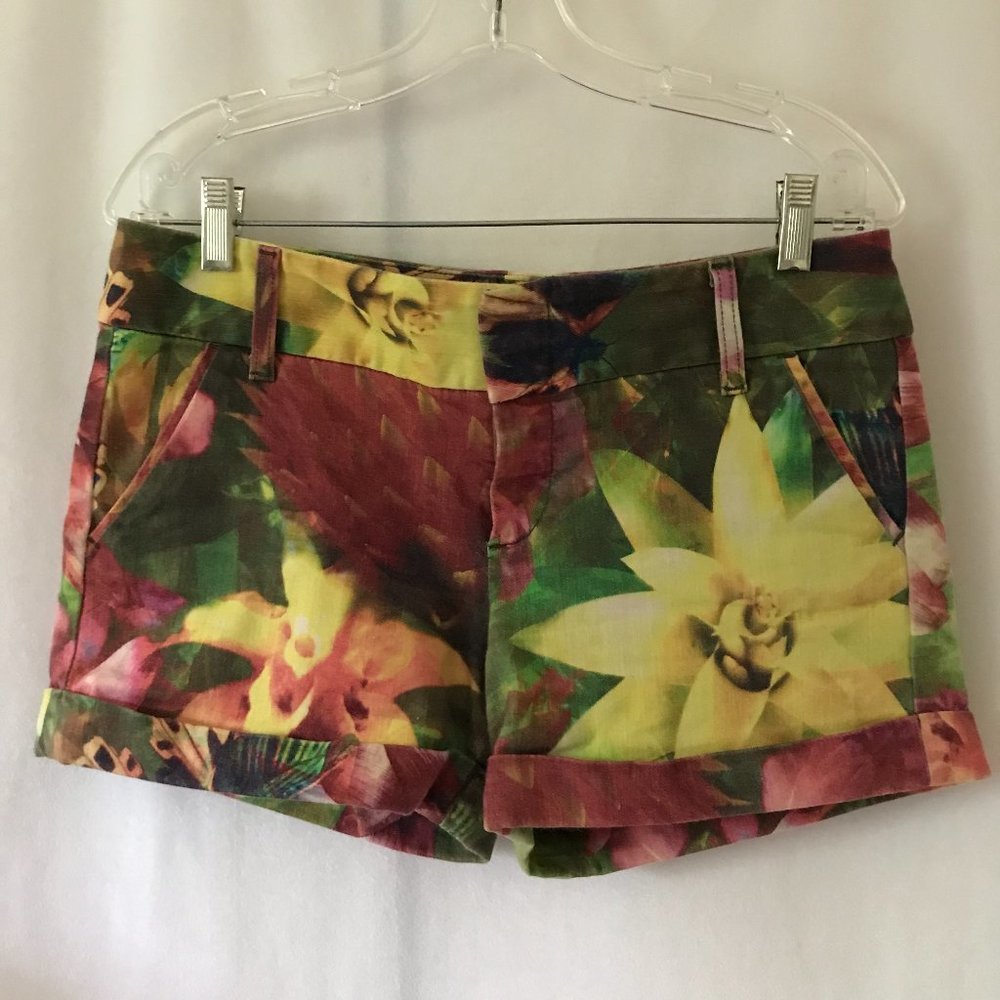 Alice + Olivia Floral Multicolor Jean Shorts - Yellow, Green, Red